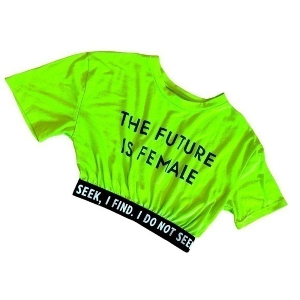 “THE FUTURE IS FEMALE” NEON YELLOW-GREEN SHORT SLEEVE BLACK BANDED CROP TOP, SM
